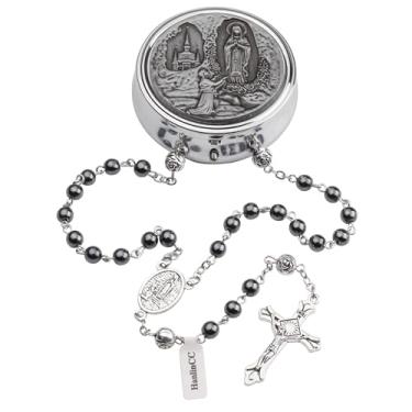 Imagem de HanlinCC Colar de terço católico com contas de pedra preta hematita virgem Maria Lourdes com caixa de presente de aço para homens e mulheres
