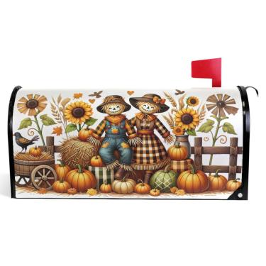Imagem de TSENQUE Capas decorativas para caixa de correio de vinil magnético, envoltórios de caixa de correio de inverno, férias, à prova de intempéries, decoração de outono, fazenda, espantalho, tamanho padrão