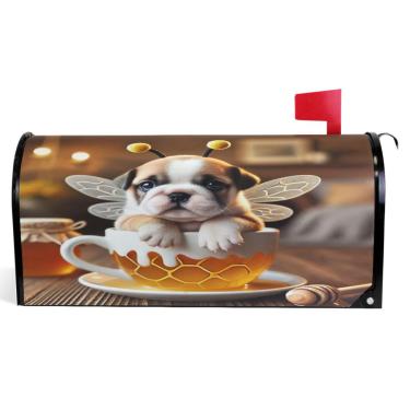 Imagem de TSENQUE Capas decorativas para caixa de correio de vinil magnético capa de caixa de correio outono à prova de intempéries decoração de caixa de correio buldogue abelha filhote fofo tamanho grande 64,5