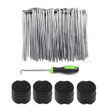 Imagem de Grampos de paisagem galvanizados de 15 cm 200 peças com junta de 200 peças, estacas de tecido de paisagismo, estacas de barreira de ervas daninhas, pontas de jardim, grampos de cobertura de solo