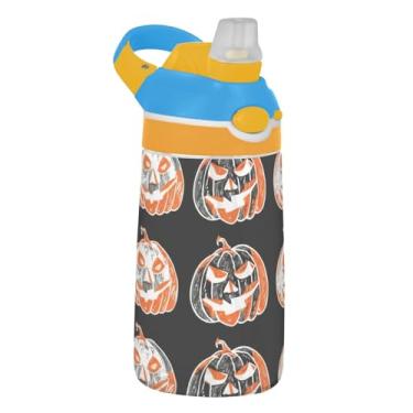 Imagem de Garrafa de água infantil portátil de 473 ml Tritan Sports com canudo reutilizável à prova de vazamento, alça de transporte, abóboras legais de Halloween, preto