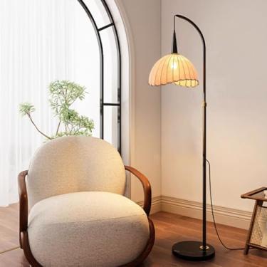 Imagem de Luminária de chão clássica decorativa com cúpula de tecido, altura ajustável, estilo vertical, ideal para cantos de sofás, perfeita para leitura na sala de estar, com base de mármore e inter