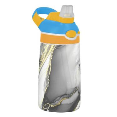 Imagem de Garrafa de água esportiva infantil de 473 ml com tampa de palha, garrafa de água Tritan reutilizável de 473 ml, copo infantil portátil à prova de vazamento, alça de transporte, espiral estético preto