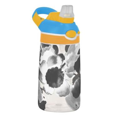 Imagem de Garrafa de água infantil floral em aquarela preta e branca para escola, 473 ml Tritan 473 ml, garrafa de água esportiva com canudo, copo portátil de viagem para crianças, reutilizável, alça de