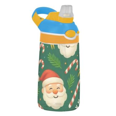 Imagem de Garrafa de água verde de Papai Noel com desenho de Natal para crianças com canudo 473 ml 473 ml Garrafa de água esportiva Tritan reutilizável à prova de vazamento, copo de viagem infantil, portátil