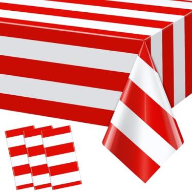 Imagem de 3 peças de toalhas de mesa listradas horizontais vermelhas e brancas clássicas toalhas de mesa listradas vermelhas descartáveis de plástico à prova d'água para carnaval, piquenique, festa de Halloween