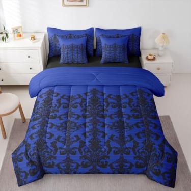 Imagem de Feelyou Conjunto de edredom completo gótico azul damasco com lençol para crianças, meninos e meninas, estilo barroco vitoriano, antigo, 7 peças, decoração de quarto, microfibra leve e macia