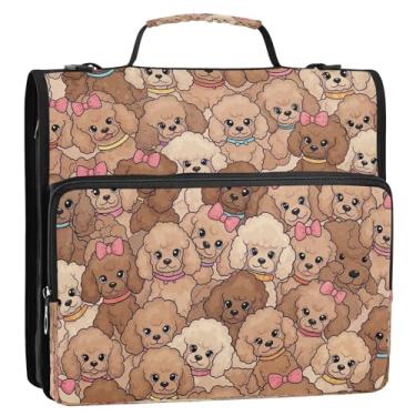 Imagem de Linda bolsa organizadora de poodles marrom bege com zíper, 3 anéis, 3 anéis, para escola, escritório, viagem, pasta de armazenamento de documentos com vários bolsos