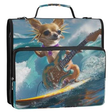 Imagem de Fichário grande com 3 anéis de 3,8 cm, resistente, fofo, cachorro, chihuahua, violonista, organizador com zíper, pasta de armazenamento com alça para fichário do ensino médio com alça