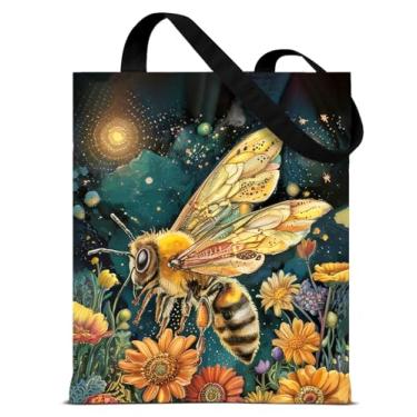 Imagem de QYCFDXD Sacola vintage de lona de abelha de girassol para mulheres, caprichosa, botânica, estética, reutilizável, bolsa de ombro para compras, compras, viagens, trabalho, praia