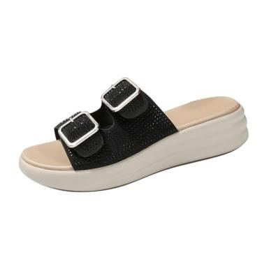 Imagem de Chinelo feminino primavera verão casual confortável com strass decorado boca de peixe bico aberto um pé sola grossa, ideal para uso versátil, Preto, 34