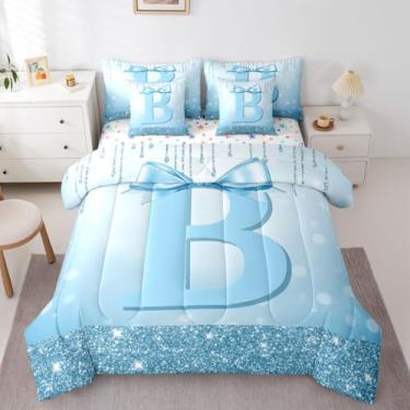 Imagem de Erosebridal Conjunto de cama casal de 7 peças alfabeto B com design de laço - cama de laço azul fofo feminino em uma bolsa, moderno, moderno, moderno, moderno, moderno, conjunto de edredom com lençóis