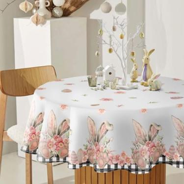 Imagem de DISENB Toalha de mesa redonda de Páscoa de 152 cm, toalha de mesa de flores de coelho xadrez de búfalo, orelha de coelho, pé, toalha de mesa, lavável resistente a manchas e vincos para decoração de