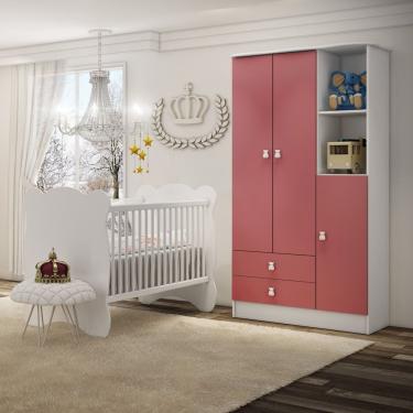 Imagem de Quarto De Bebê Completo Berço Com Guarda Roupa 3 Portas 2 Gavetas 2 Nichos Algodão Doce Móveis Percasa Branco/rosa