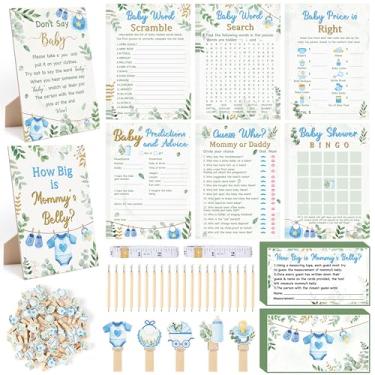 Imagem de 424 peças Greenery Baby Shower Game Set - 8 jogos de decoração de chá de bebê azul eucalipto, inclui Bingo Word Scramble Guess Who Prediction Fun & Easy to Play How Big is Mommy's Belly, Don't Say the