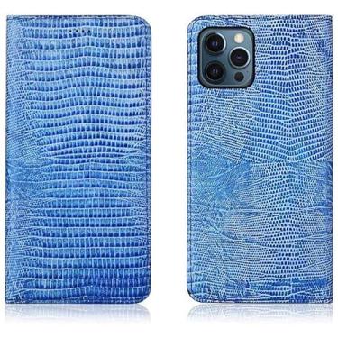 Imagem de ZEDEVB Capa de couro à prova de choque para Apple iPhone 12 Pro Max (2020) 6,7 polegadas, capa de telefone flip de atração magnética com padrão de lagarto [Suporte][Slot para cartão] (Cor: azul claro)