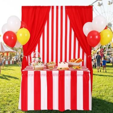 Imagem de Tegeme 5 peças de decoração de festa de circo de carnaval, cenários de pano de fundo de poliéster listrado, vermelho, branco, saias, toalha de mesa para decoração de circo de carnaval, festa de