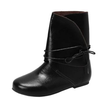 Imagem de Botas femininas de inverno curtas cano alto sólido bico redondo com cadarço sola plana tornozelo, Preto, 35