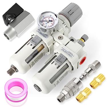 Imagem de MEANLIN MEASURE Filtro de umidade do compressor de ar, filtro de linha de ar AC3010, entrada NPT de 3/8" com medidor de 150 PSI e interruptor de desligamento da válvula para ferramentas de ar e pistola de pintura em spray