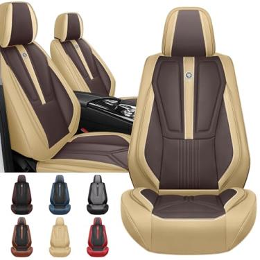 Imagem de Arazi Capas de assento dianteiras para Hummer H3 2006-2010, capa de assento de couro napa cobertura total protetor de assento de carro à prova d'água (bege e marrom, 2 assentos padrão)