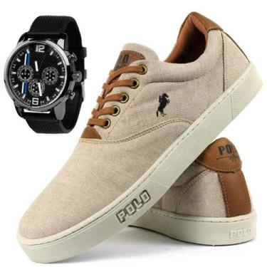 Imagem de Kit Tênis Sapatênis Polo White Hiate Masculino Bege + Relógio Top, Beg