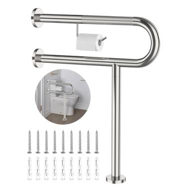 Imagem de Barra de apoio para vaso sanitário com perna de 61 x 71 cm, barra de suporte de banheiro serrilhada cromada ZUEXT com suporte de papel higiênico, trilho de suporte de banheiro montado na parede e no