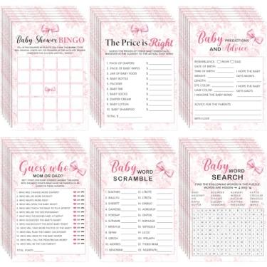 Imagem de Jetec 302 peças de jogos de chá de bebê Coquette Pink Bow, 6 jogos, 50 folhas cada, chá de bebê, confusão de palavras, busca de palavras, previsões e conselhos