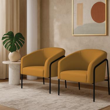 Imagem de Poltrona Sala Decorativa Kit 2 Stella Base Alta Tubo Preto Veludo Mostarda D03 - D'Rossi