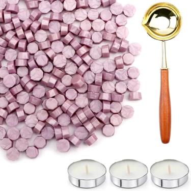 Imagem de Conjunto de 200 peças de contas de lacre de cera com colher e velas antiderrapantes, grânulos de cera de vedação lilás ótimo para selos, convites de casamento, presente de Natal, selo de envelope