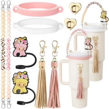 Imagem de Tondiamo Conjunto de 2 acessórios de copo de vaca Highland compatível com Stanley, inclui pulseira de silicone com contas de couro com borla, anel de borracha de vaca, capa de palha, gancho de coração