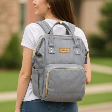 Imagem de Mochila Maternidade Cinza Bolsa Bebe Fraldas Mamadeira Espaçosa Resist