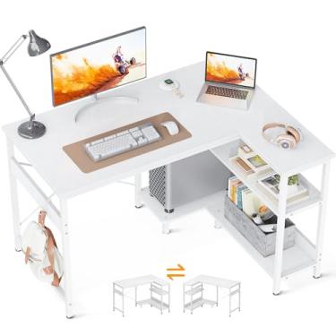Imagem de ODK Mesa de computador pequena em forma de L de 101 cm, mesa de canto com prateleiras de armazenamento reversíveis, mesa de estudo de escrita simples moderna com gancho de ferro, branca