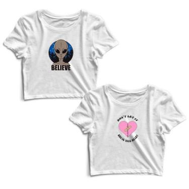 Imagem de Kit 2 Blusas Cropped Tshirt Feminina Alien Believe e Coração Quebrado 