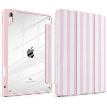 Imagem de Loyrina Capa para iPad mini (A17 Pro, modelo 2024, 7ª geração) / Mini 6 (modelo 2021, 6ª geração) 8,3 polegadas - Estética linda rosa branca listrada capa tripla com parte traseira transparente