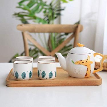 Imagem de Conjunto de 5 peças de chávenas de café de cerâmica com estampa animal adorável com 1 cafeteira 4 xícaras para presente doméstico azul (amarelo)