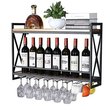 Imagem de Suporte de vinho montado na parede de metal e madeira | Rack de armazenamento de vinho Suporte de garrafa de vinho com suporte de vidro Suportes de copos para pendurar bar parede decoração de vinho