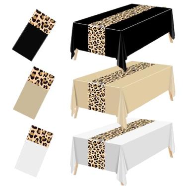 Imagem de Toalha de mesa Cheetah Cherry Decorações de aniversário – 3 peças de toalhas de mesa com estampa de leopardo preto, branco e bege, capa de mesa para meninas, mulheres, safári, animal, festa de