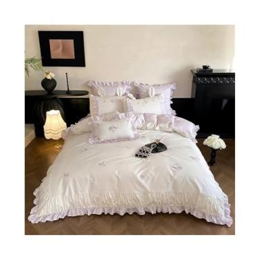 Imagem de x3anggyt5 Conjunto de capa de edredom bordado de algodão egípcio 1000TC 4 peças com borda de renda com babados para todas as estações (roxo, lençol com elástico para cama de 1,8 m)