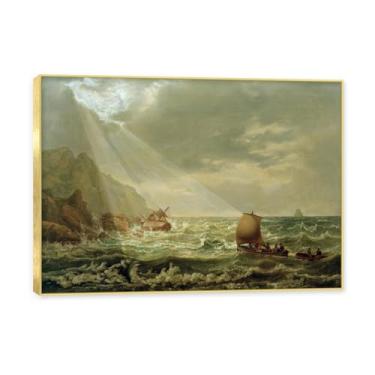 Imagem de NHLDZYH Moldura dourada. Pintura a óleo de paisagem romântica norueguesa famosa, J.C. Dahl, cópia de pintura a óleo clássica emoldurada para sala de estar ou escritório. (Naufrágio 4). 60 x 84 cm.