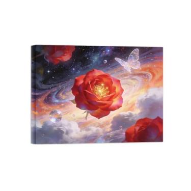 Imagem de Impressão em tela de arte de parede de surrealismo - flores vermelhas borboleta - pintura de paisagem - quadros para sala de estar pronta para pendurar tela embrulhada 40 x 50 cm 16 x 20 polegadas