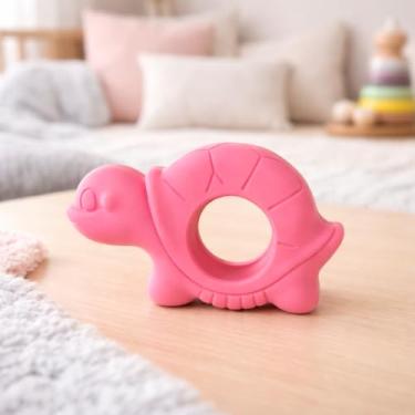 Imagem de Mordedor de Bebê Tartaruga Rosa Macio Atóxico Massageador Gengiva