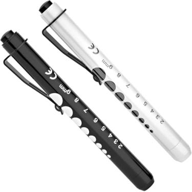 Imagem de RISEMART Canetinhas para enfermeiros, pacote com 2 canetas de luz médica reutilizável com medidor de pupila e régua, lanterna de LED de luz branca para enfermeiras estudantes, médicos EMT (preto/branco)