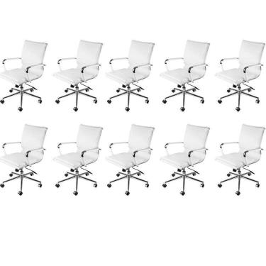 Imagem de Kit 10 Cadeiras para Escritório Diretor Design Italiano Estofada em Sintético 3304 Branco