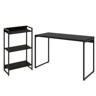 Imagem de Kit Escritório Estante Areta 3 Prateleiras com Mesa Industrial Aspen 120cm C01 Onix - Lyam Decor