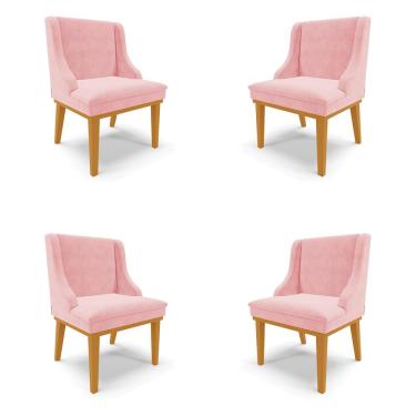 Imagem de Kit 4 Cadeiras Decorativas Sala de Jantar Base Fixa de Madeira Firenze Suede Rosa Bebê/Castanho G19 - Gran Belo