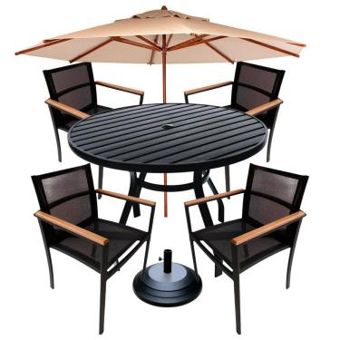 Imagem de Jogo De Mesa Ripada 1,20m + 4 Cadeiras Amélia E Guarda Sol Piscina Preto