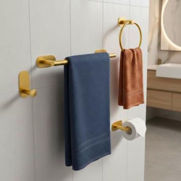 Imagem de Kit Porta Toalha Banheiro Acessórios Sem Furo Dourado Lavabo Adesivo 4