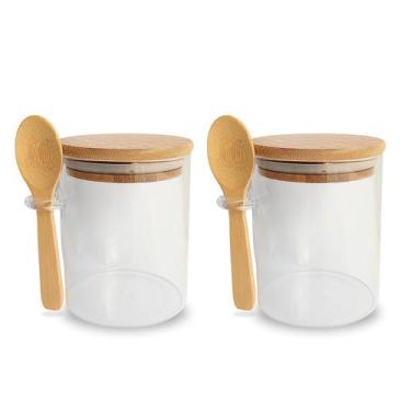 Imagem de Jogo 2 Potes de Vidro Com Tampa Hermética e Colher de Bambu 400ml Açuc