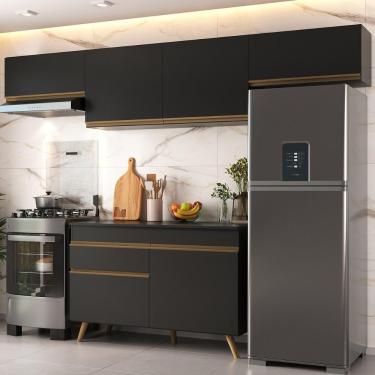 Imagem de Armário Cozinha Modulada Compacta 260cm Com Balcão Veneza Multimóveis Mp3766 Preto/dourado