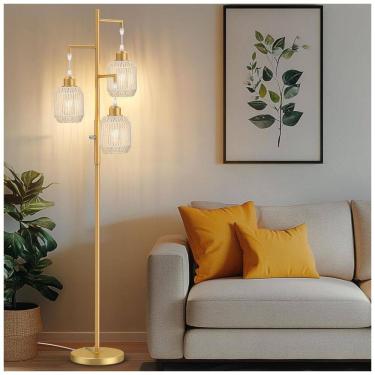 Imagem de Luminária de chão boho regulável ROTTOGOON 3 luzes rattan dourada 1,73m com LED 2700K